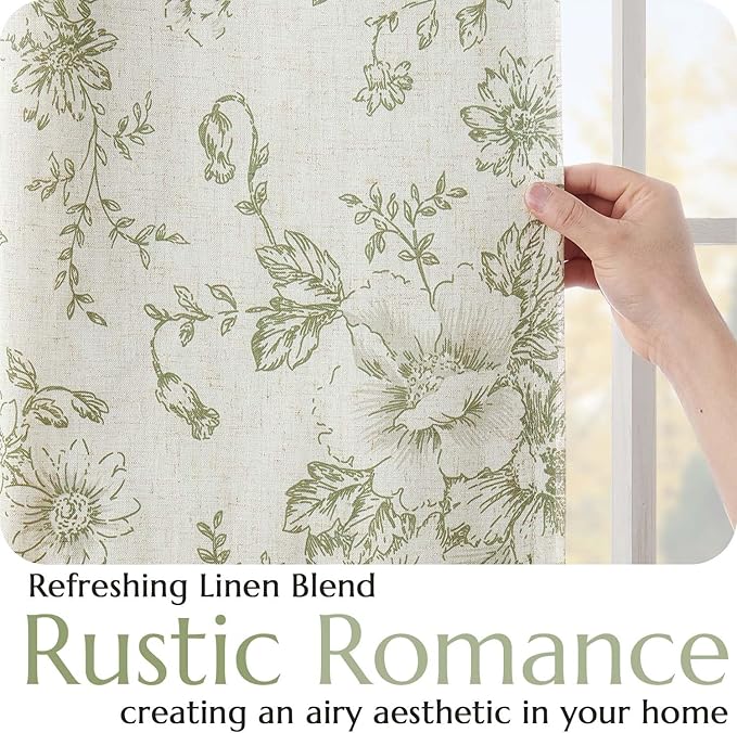 jinachan Blackout Curtains Linen Blend Floral Curtain for Living Room 84 Inch Length Christmas Sage Green Flower Printed with Lined Blackout Drapes for Bedroom Farmhouse Curtains Set 2 Panels