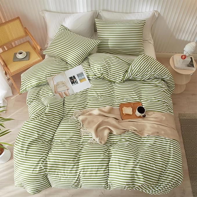 LifeTB King Size Comforter Set Modern Striped Comforter Set King Green White Stripes Pattern Comforter 3 Pieces Lightweight Bedding Comforter Set Boho Stripe Soft Fluffy Comforter with 2 Pillowcases