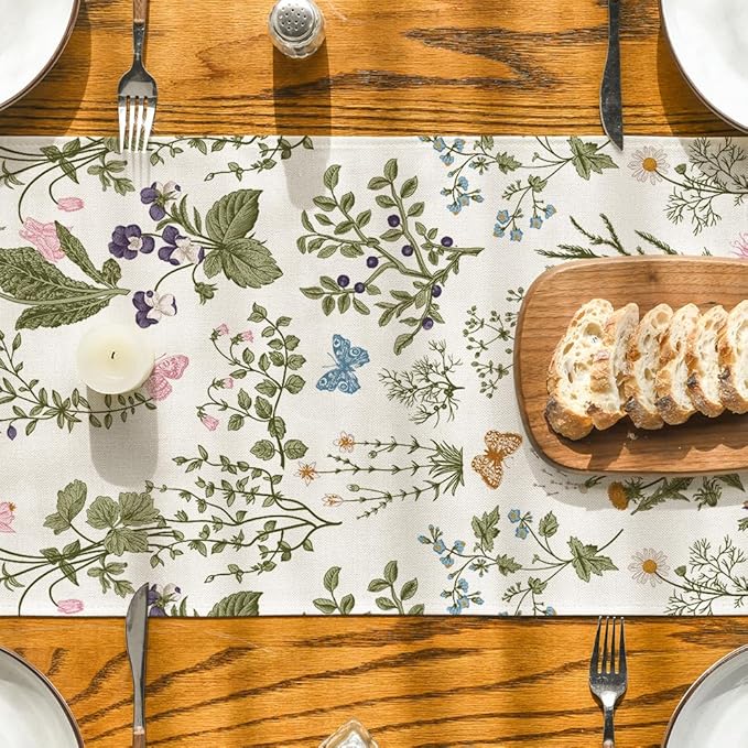 Artoid Mode Wildflowers Floral Spring Table Runner, Butterfly Seasonal Summer Kitchen Dining Table Decoration for Home Party Decor 13x60 Inch