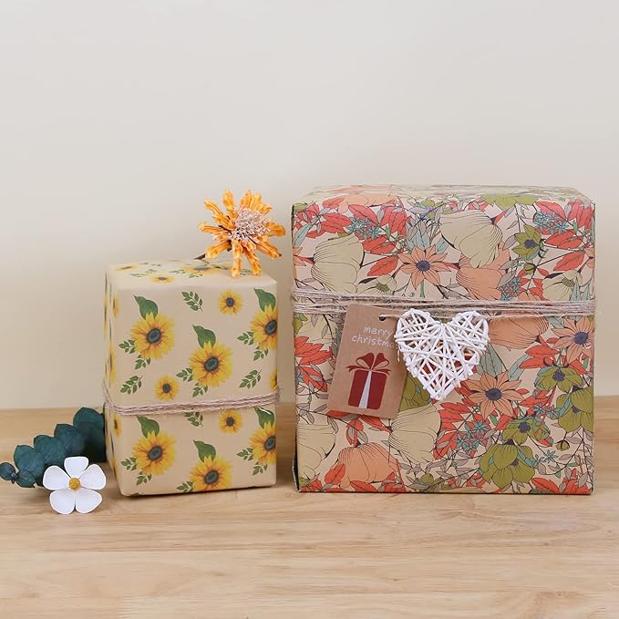Aimyoo Kraft Floral Wrapping Paper Jumbo Roll, All Occasion Sunflower Flower Gift Wrap Paper for Wedding Bridal Shower Birthday, 17 in x 60 ft