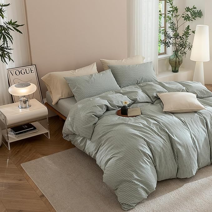 JIYUAN 100% Washed Cotton Striped Duvet Cover Set 3 Pieces King, 1 Duvet Cover and 2 Pillowcases(Comforter Not Included),Linen Like Bedding Set Comfy and Breathable,Pinstripes-Heathered Green White