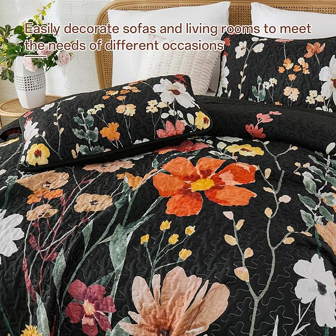 Anibedding Black Quilt Set Queen Size, Colorful Floral Bedspread with 2 Pillowcases, Soft Microfiber Lightweight Coverlet Bedding Set for All Season(96"x90")