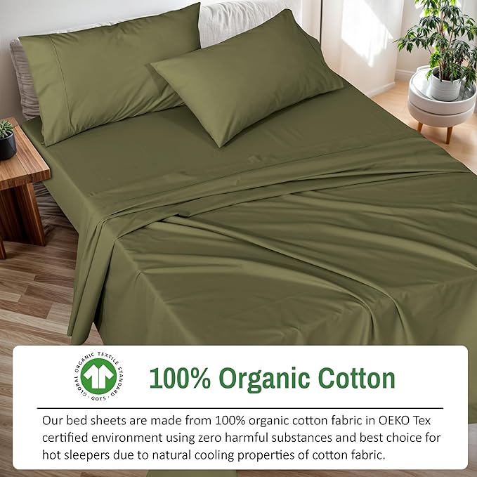 RUVANTI 100% Organic Cotton Sheets Split King, Percale Weave, GOTS Certified, 5-Piece Set, Deep Pocket 15", Crisp & Breathable, Soft Durable Bedding, Sábanas Algodón Orgánico – Olive