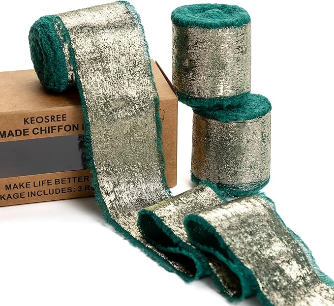 Dark Green Silk Chiffon Ribbon,Emerald Green Frayed Shimmery Silk Ribbon for Bridal Flower Bouquet Gift Wrapping Wedding Decor Invitations Decorations 1.5" x 15 Yards (5Yards X 3 Rolls)