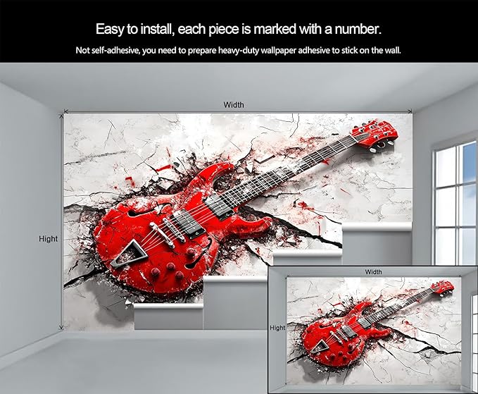 Red Electric Guitar Wall Mural, Grunge Style Guitar 3D Wall Murals, Rock Music 3D Explosion Wallpaper Mural, for Living Room Bedroom Large Wallpaper Indoor Decor 137.8" W x100 H