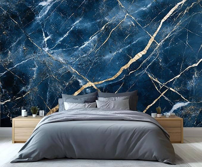 Blue Marble Wall Mural, Gold Vein Marble 3D Wall Murals, Luxury Navy Stone Wallpaper Mural, for Living Room Bedroom Large Wallpaper Indoor Decor 118" W x 82.6 "H