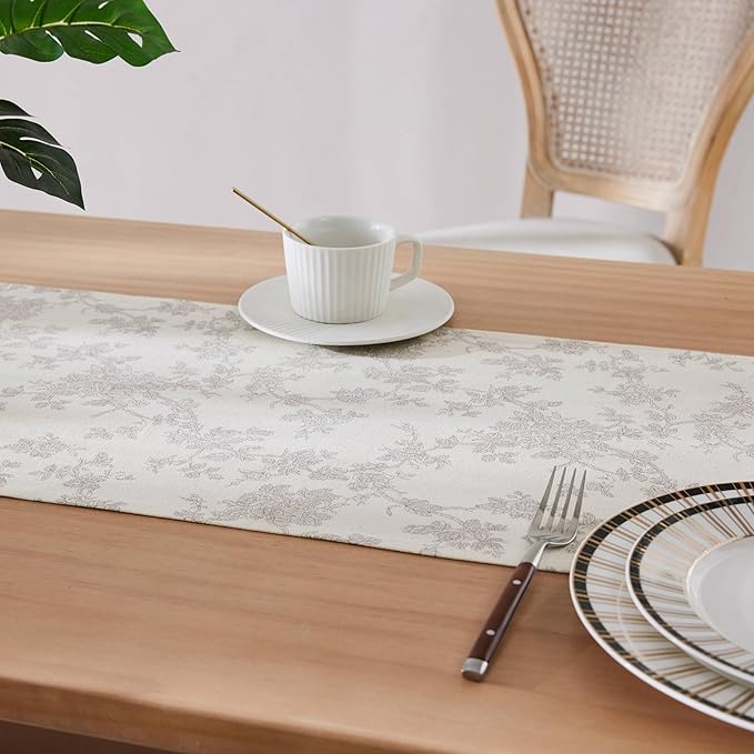 100% Cotton French Pastoral Table Runners, 13x90 Inch Grey Farmhouse Table Runners 90 Inches Long, Vintage Flowers Print Home Decors