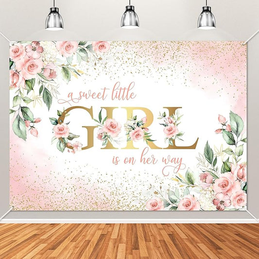 Avezano Girl Baby Shower Backdrop Pink Floral Sweet Baby Baby Shower Banner A Sweet Little Girl is on Her Way Party Decorations Banner (7x5ft)