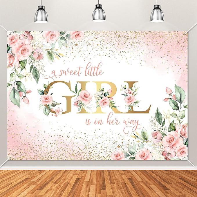 Avezano Girl Baby Shower Backdrop Pink Floral Sweet Baby Baby Shower Banner A Sweet Little Girl is on Her Way Party Decorations Banner (8x6ft)