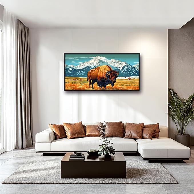Bison Cow Large Decor Framed Wall Art Western Mountain Pictures for Living Room, Animal Oversized Canvas Print Painting Modern Extra Large Framed Artwork for Bedroom Office Home Decor 60"x30"