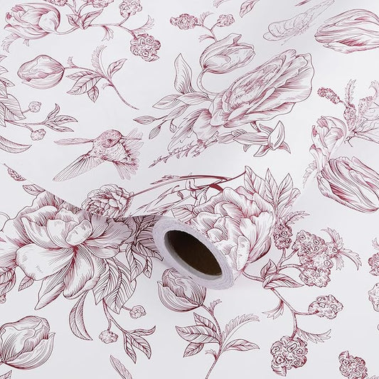 RayofSun Wine Red Floral Wrapping Paper Roll 17 in x 32 ft Mini Roll Vintage Toile Flower Gift Wrap Paper for All Occasion Wedding Birthday Bridal Shower Party Baby Shower Christmas