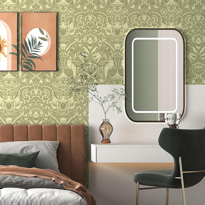 Vintage Peel and Stick Wallpaper Boho Bird Wall Paper Floral Contact Paper for Bedroom 17.3" X 78.8" Removable Wallpaper Self Adhesive Olive Green Botanical Decorative Wallpapers Bathroom Vinyl