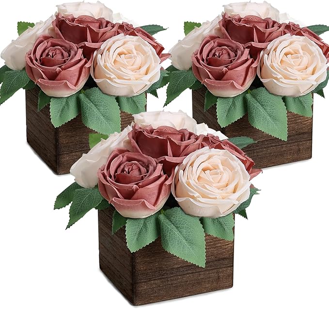 Dining Table Centerpiece Set of 3 - Pre-Made Aritifial Rose with Wooden Vase Fake Floral Arrangment Faux Flower for Wedding Bridal Tea Party Event Decorations - Dusty Pink & Champagne
