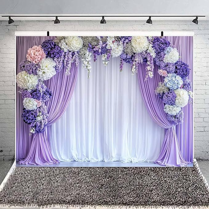10x10ft Flower Photo Backdrop Floral Purple Photography Background White Curtain Spring Wedding Baby Shower Girl Princess Birthday Party Supplies Photo Studio Props