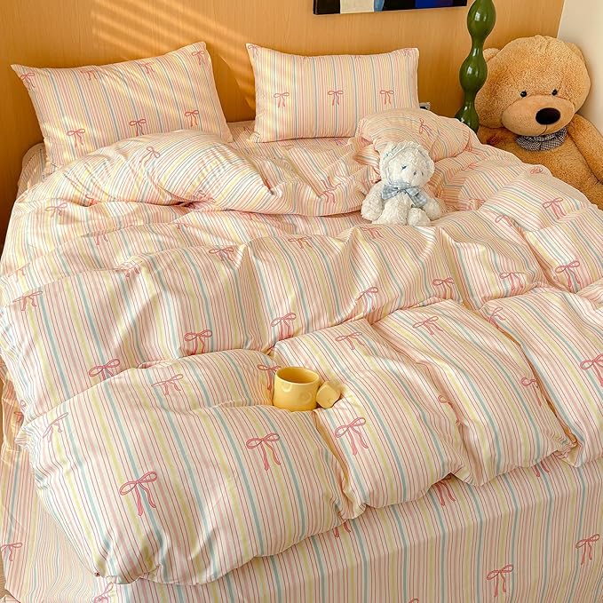 AOJIM Pink Bow Duvet Cover Set 3PCS for Kids Adults, 1 Soft Durable Pure Cotton Comforter Cover Queen Size and 2 Pillowcases, Rainbow Striped Bedding Duvet Cover Set for Room Decor, Machine Washable