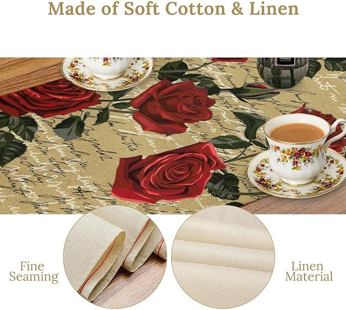 Red Rose Print Table Runner, Vintage Rose Spring Summer Seasonal Romantic Valentines Dinner Runner Table Decoration for Home Kitchen Dining Holiday Wedding Party 13x90in