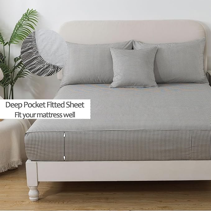 FADFAY Black Plaid Twin Size Sheets 100% Cotton Geometric Checker Bedding Teens Grid White Gingham Pattern College Bedding Deep Pocket Sheets with 2 Pillowcases Ultra Soft 4pcs, Twin Size