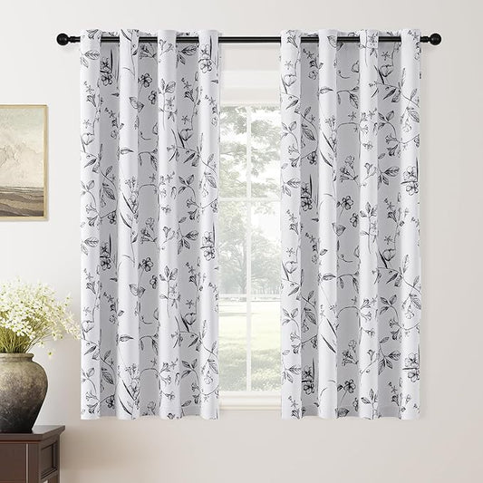 ChrisDowa 100% Blackout Floral Curtains 63 Inches Long 2 Panels for Bedroom Living Room Black Flower Patterned Room Darkening Thermal Insulated Soundproof Grommet Window Treatments Drapes,52X63
