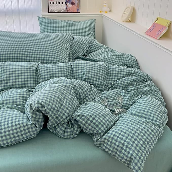 LifeTB Twin XL Comforter Set Green Gingham Comforter for Men Boys Geometric Plaid Comforter Set Fluffy Soft Plaid Gingham Bedding Set Green Blue Grid Checkered Pattern Comforter with 2 Pillowcases