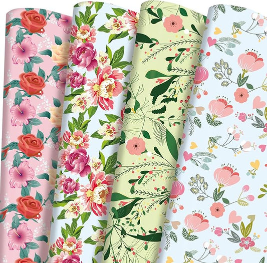 PlandRichW Floral Wrapping Paper Folded Sheets for Women Girls Baby, 12 Sheets Recycled Gift Wrapping Paper for Wedding, Birthday, Mother's Day, Party, Baby Shower, Precut 20" X 29"