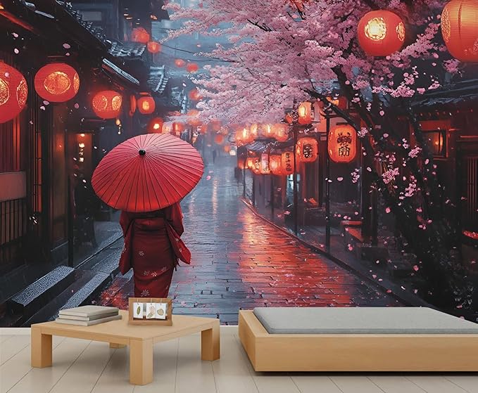 Japanese Street Wall Mural, Cherry Blossom Lantern Scene 3D Wall Murals, Romantic Rainy Evening Japan Wallpaper Mural, for Living Room Bedroom Large Wallpaper Indoor Decor 197" W x124.8 H