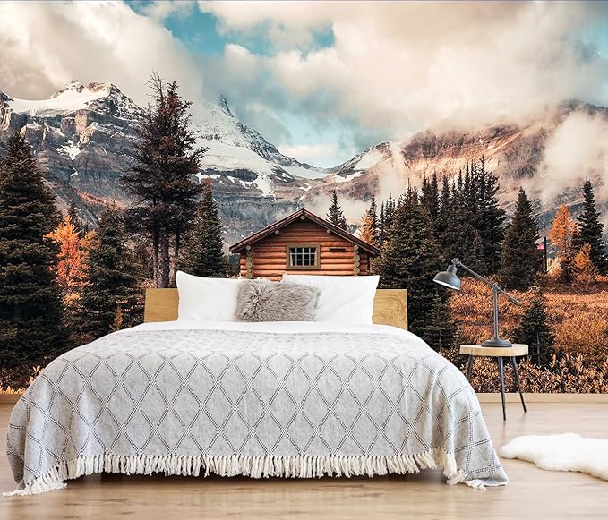 Assiniboine Mountain Chalet Mural in Autumn Forest for Living Room, Dining Room, Bathroom Backdrop Decoration（Non-self-Adhesive）