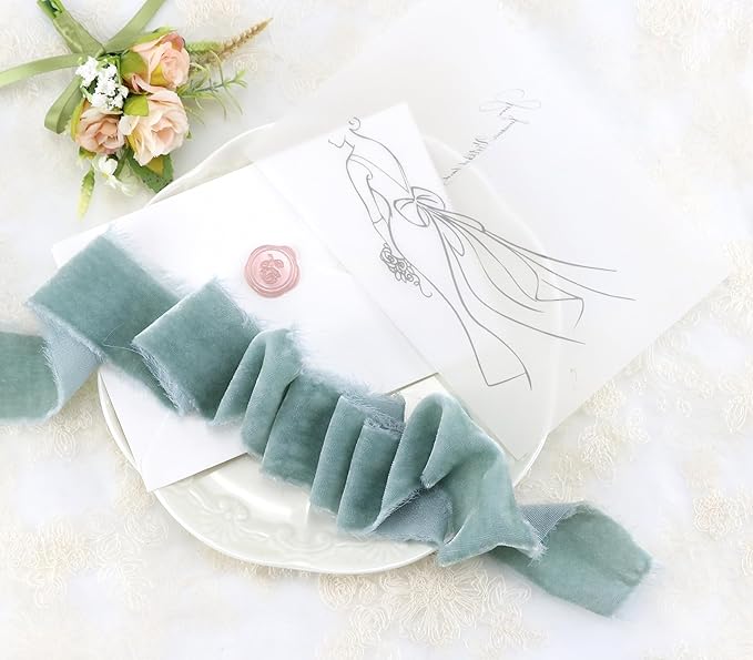 Dusty Blue Silk Velvet Ribbon 1.5 Inch French Blue Frayed Edge Ribbon Blue Rustic Style Fringe Gift Raw Edge Boho Velvet for Wedding Invitation Bridal Bouquet -3yards