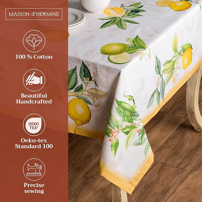Maison d' Hermine Table Cloth Rectangle Table 100% Cotton 70 x 120 Inches Tablecloth Reusable Decorative for Dining Room, Farmhouse, Home, Party, Festive & Wedding Spring Summer - Limoncello