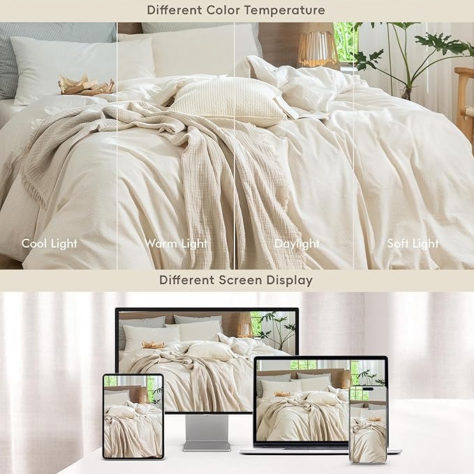 MooMee Striped Duvet Cover Set 100% Washed Cotton Linen Like Textured Breathable Durable Soft Comfy (Almond Milk Grey Pinstripes, Oversized King Plus 128"x120")