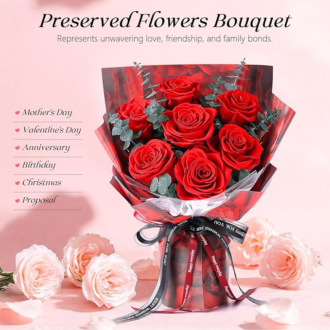 Preserved Flowers Bouquet 7 Roses - Red Real Rose & Flowers for Delivery, Long-Lasting Flower with Gift Box, Eternal Roses Bouquet for Mothers, Mom, Wife, Anniversary Birthday Gifts for Women