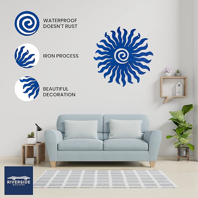 Riverside Designs Sunburst Metal Wall Art Steel Outdoor Decor - Heavy-Duty and Waterproof - Made in USA (18", Blue)