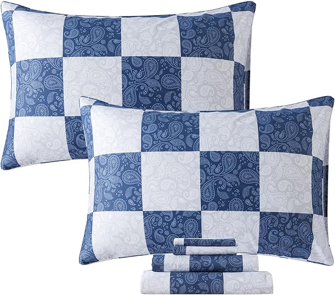 FADFAY Paisley Queen Size Plaid Navy Blue Sheets 100% Cotton Geometric Checker Bedding Teens Grid Grey Gingham Pattern College Bedding Deep Pocket Sheets with 2 Pillowcases Ultra Soft 4pcs, Queen