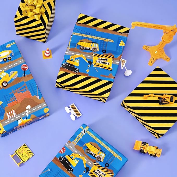 WERNNSAI Construction Wrapping Paper Roll-1 Roll 17”X 16.4 Ft Construction Truck Gift Wrapping Paper With Striped Design for Kids Boys Reversible Tractor Truck Gift Wrap for Birthday Holiday Party Supplies