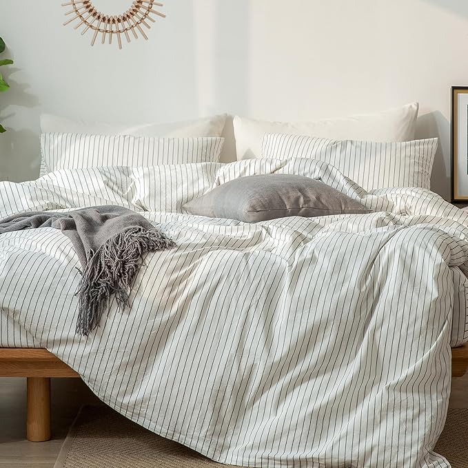 MooMee Striped Duvet Cover Set 100% Washed Cotton Linen Like Textured Breathable Durable Soft Comfy (White Dark Grey Wide Stripes, Full 80"x90")