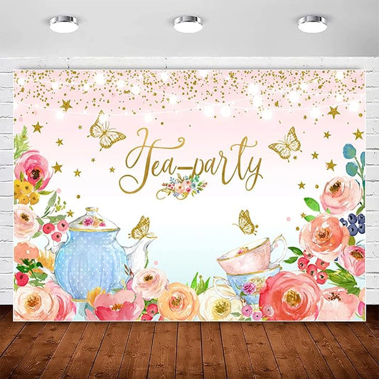 Pink Floral Tea Party Backdrop Glitter Gold Dots Butterfly Lets Partea Photography Background for Women Birthday Bridal Baby Shower Decorations Girls Wonderland Party Banner Photo Booth Supplies 6x4ft