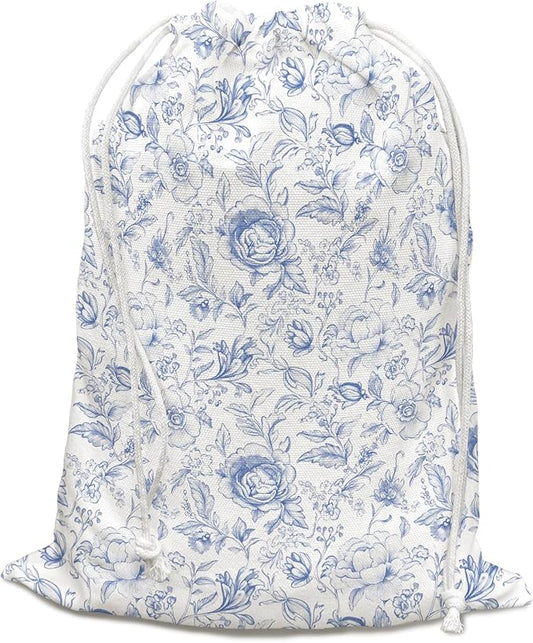 DSHFG Chinoiserie Blue Toile Floral Birthday Drawstring Gift Wrap Bags, Chinoiserie Baby Shower Drawstring Gift Bags Canvas, Blue and White Small Happy Birthday Bag, Gifts for Women, 10x13 Inch