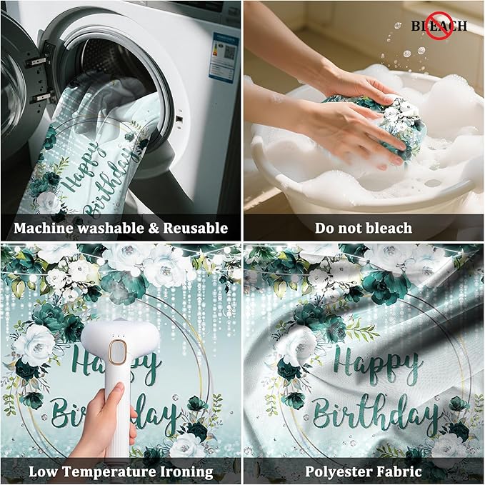 Renaiss 7x5ft Floral Happy Birthday Backdrop for Woman Green White Flowers Blooming Fabric Photography Background Shinning Diamond Photo Backdrop for Birthday Party Supply