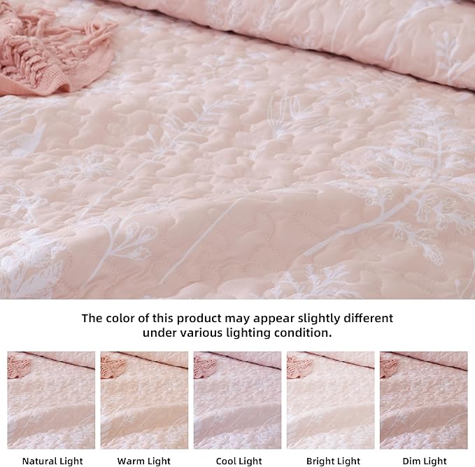 JANZAA Quilt King Size Blush Quilt Botanical with Floral Pattern Microfiber Bedspreads King Size 3 Pieces Lightweight Comforter Reversible Bedding Set with 2 Pillowcases