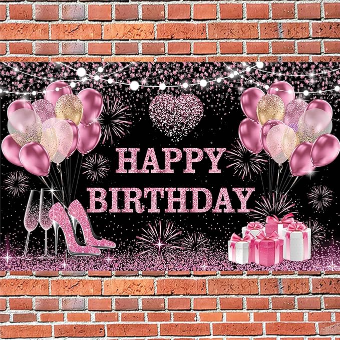 YinQin 180x120 cm Pink Golden Happy Birthday Backdrops Cloth 71x47 inch Bday Party Photography Backgrounds Glitter Black Rose Golden Happy Birthday Sign Banner Decoration for Women Girl