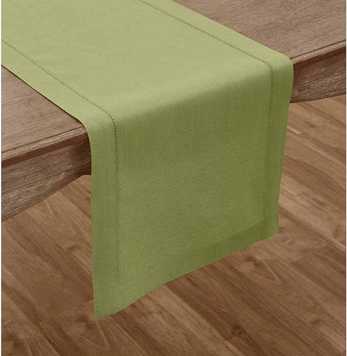 Solino Home Linen Table Runner 108 Inches Long - 100% Pure Linen Moss Green Table Runner 14 x 108 Inch for Winter, Spring, Easter, St Patricks Day - Classic Hemstitch
