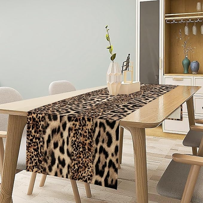 Animal Skin Print Table Runner, Vintage Farmhouse Cottage Country Western Wildlife Safari Leopard Dinner Runner for Home Kitchen Dining Table Party Holiday 13x120in