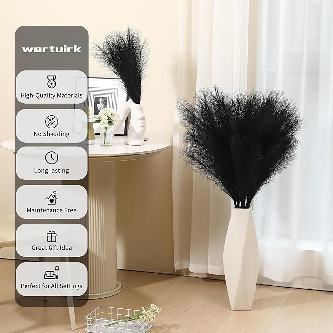 9 Stems Black Pampas Grass - 38 Inch Tall Faux Pompous Grass Decor, Long Artificial Pompas Floral for Gothic Room Decoration, Wedding Flower Arrangement, Halloween and Home Decor (Black)