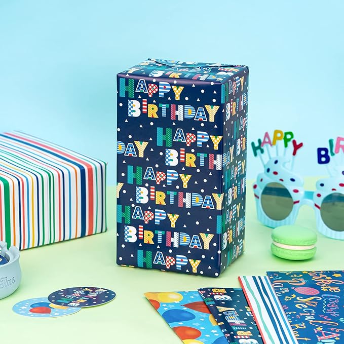 WRAPAHOLIC Birthday Wrapping Paper Sheet - 12 Sheets Folded Flat with 12 Gift Tags for Party, Baby Shower - 19.7 Inch X 27.5 Inch Per Sheet