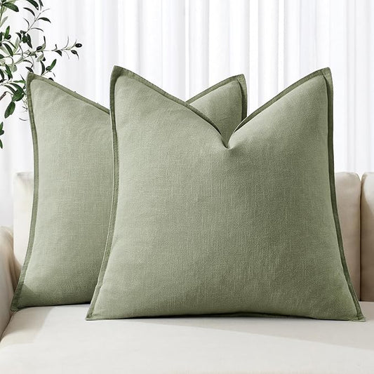 MIULEE Decorative Linen Pillow Covers 18x18 Inch Sage Green Boho Farmhouse Neutral Couch Throw Pillows for Bed Pack of 2 Accent Modern Pillowcase Summer Sofa Livingroom Home Decor