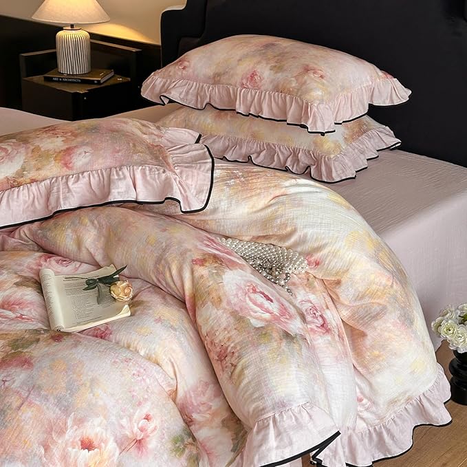 HighBuy Cottagecore Floral Linen Duvet Cover Queen for Hot Sleepers,Coquette Bedding Ruffle Duvet Cover Set Shabby Chic Yarn-Dyed Textured Bedding Set Breathable Durable Luxury with Zipper
