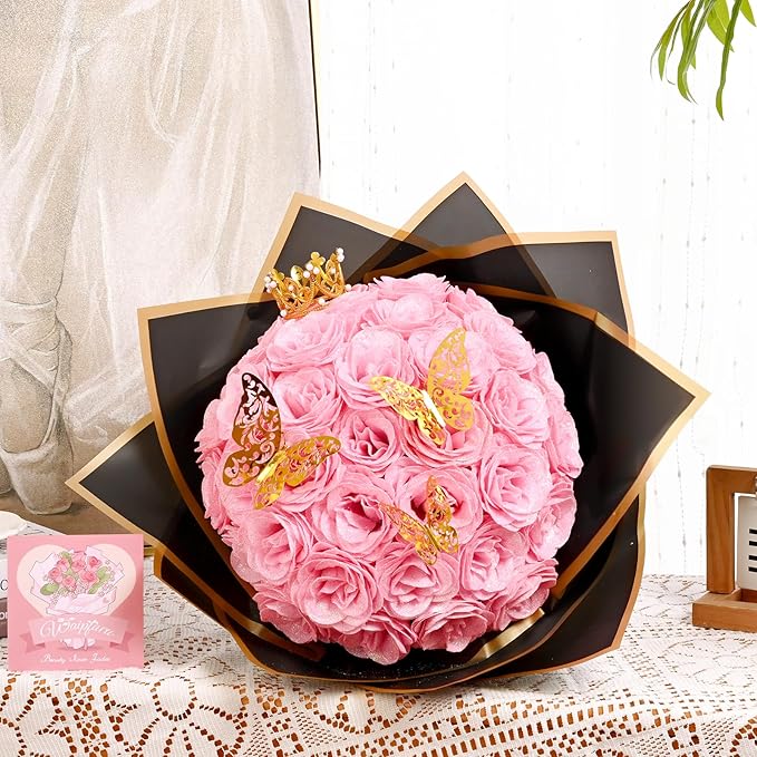 Waipfaru Glitter Roses Bouquet, DIY Fake Flowers Bouquet, Birthday Gifts for Women Mom, 24 Pcs Pink Rose for Grandma Wife Girlfriend Valentines, Mothers Day, Anniversary, Graduation