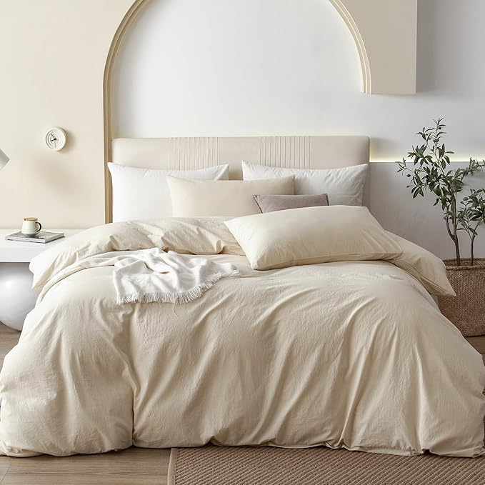 JIYUAN 100% Washed Cotton Duvet Cover Set 3 Pieces Super Queen, 1 Duvet Cover 90x98 Inches(Comforter Not Included) and 2 Pillowcases,Linen Feel Bedding Set Comfy and Breathable,Heathered Beige