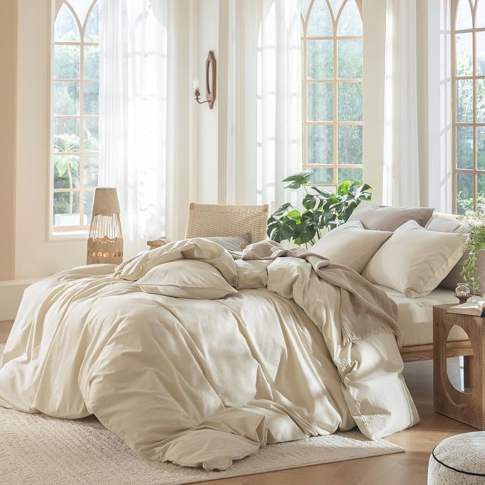 MooMee Bedding Duvet Cover Set 100% Washed Cotton Linen Like Textured Breathable Durable Soft Comfy (Heathered Almond Milk Grey, Cal King 104"x98")