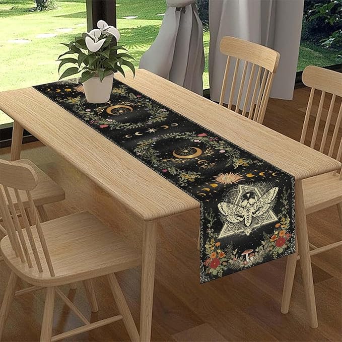 Gothic Moth Table Runner, Boho Gothic Sun Moon Phase Wildflower Mystical Witchy Farmhouse Coffee Table Center Decor for Home Kitchen Dining Patio Holiday Party Table Decorations 13x108 inches