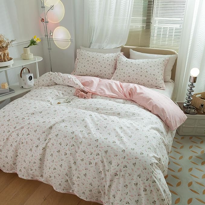 LifeTB Pink Floral Duvet Cover Queen Girls Cute Flower Pattern Duvet Cover 100% Cotton Vintage Country Bedding Cottagecore Comforter Cover with 2 Pillowcases Breathable Flower Bedding Set